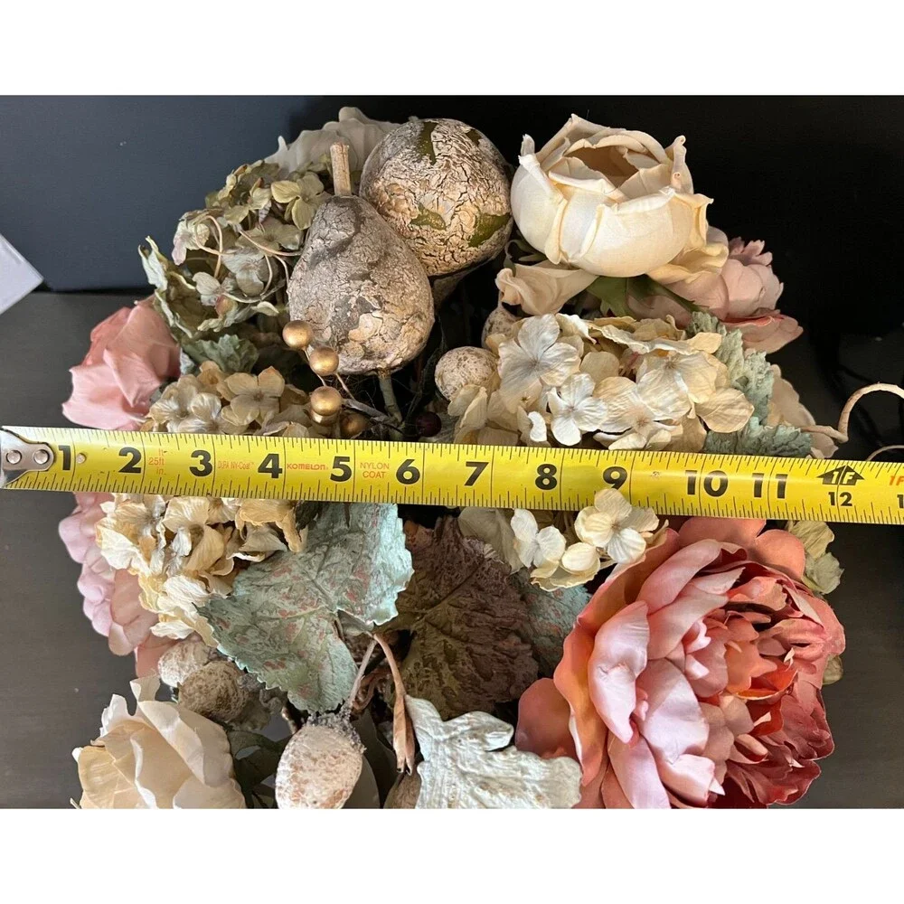 Vtg Large Ornate Grapevine Gooseneck Handle Brass Centerpiece Bowl Faux Flowers